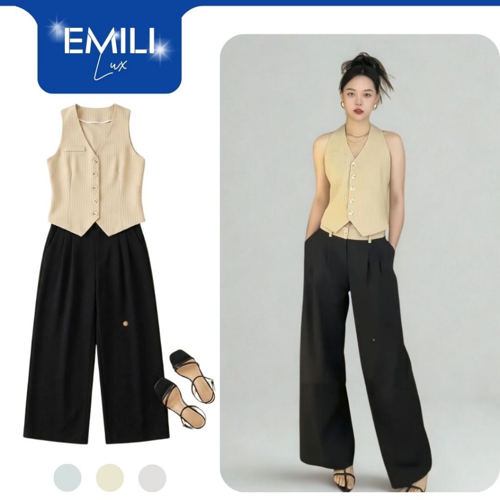 Set áo ghi lê kiểu nữ Emili phối quần ống suông tôn dáng phong cách công sở [B28]