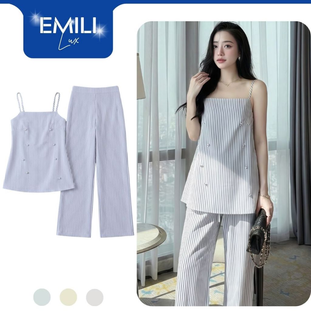 Đầm hai dây kẻ sọc kiểu nữ  Emili phối quần ống phong cách Hàn Quốc [B150]