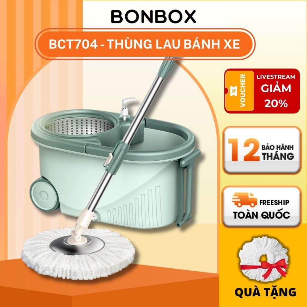 Bộ cây lau nhà cao cấp xoay 360 độ BONBOX cây lau tự vắt thông minh siêu sạch, có bánh xe BCT704 và BCT706 - BH 12 THÁNG