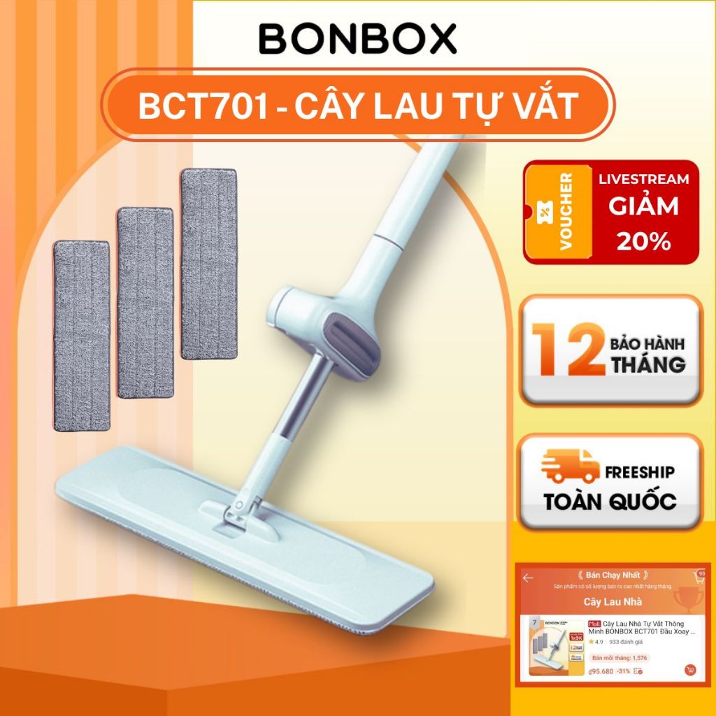 Cây Lau Nhà Tự Vắt Thông Minh BONBOX BCT701 Đầu Xoay 360 Độ Linh Hoạt, Chổi Lau Nhà Tự Vắt Lau Sạch Mọi Góc - Chính Hãng