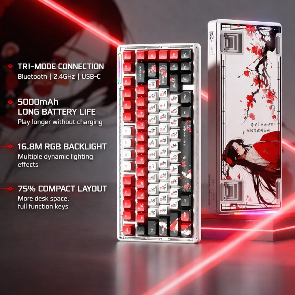 Bàn phím cơ Lingbao K75 RGB 3 Mode – Layout 75% , Keycap Song Ngữ, Đỏ Trắng