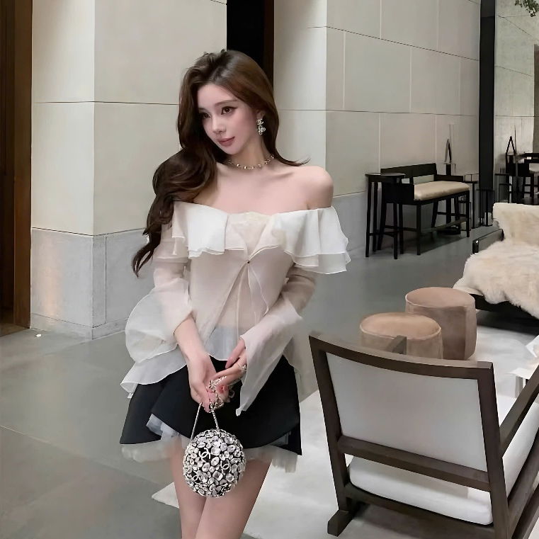 Áo Sơ Mi Trễ Vai Bánh Bèo Đính Hoa Nguc Chất Liệu Tơ Xốp | BigBuy360 - bigbuy360.vn