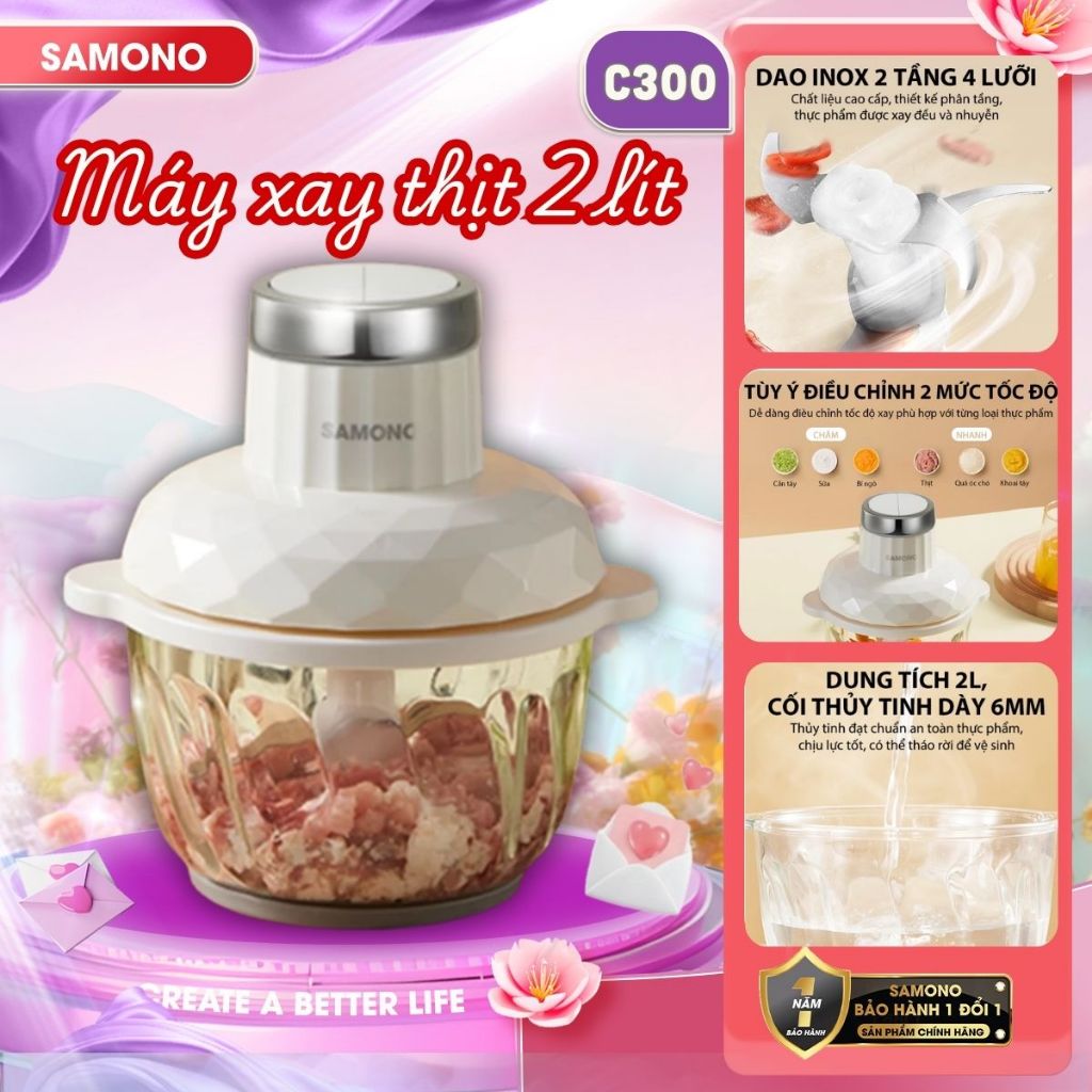 (bh 1 đổi 1) máy xay thịt samono sw-c300 đa năng 2l công suất 300w, cối thủy tinh, 4 lưỡi dao xay thép không gỉ