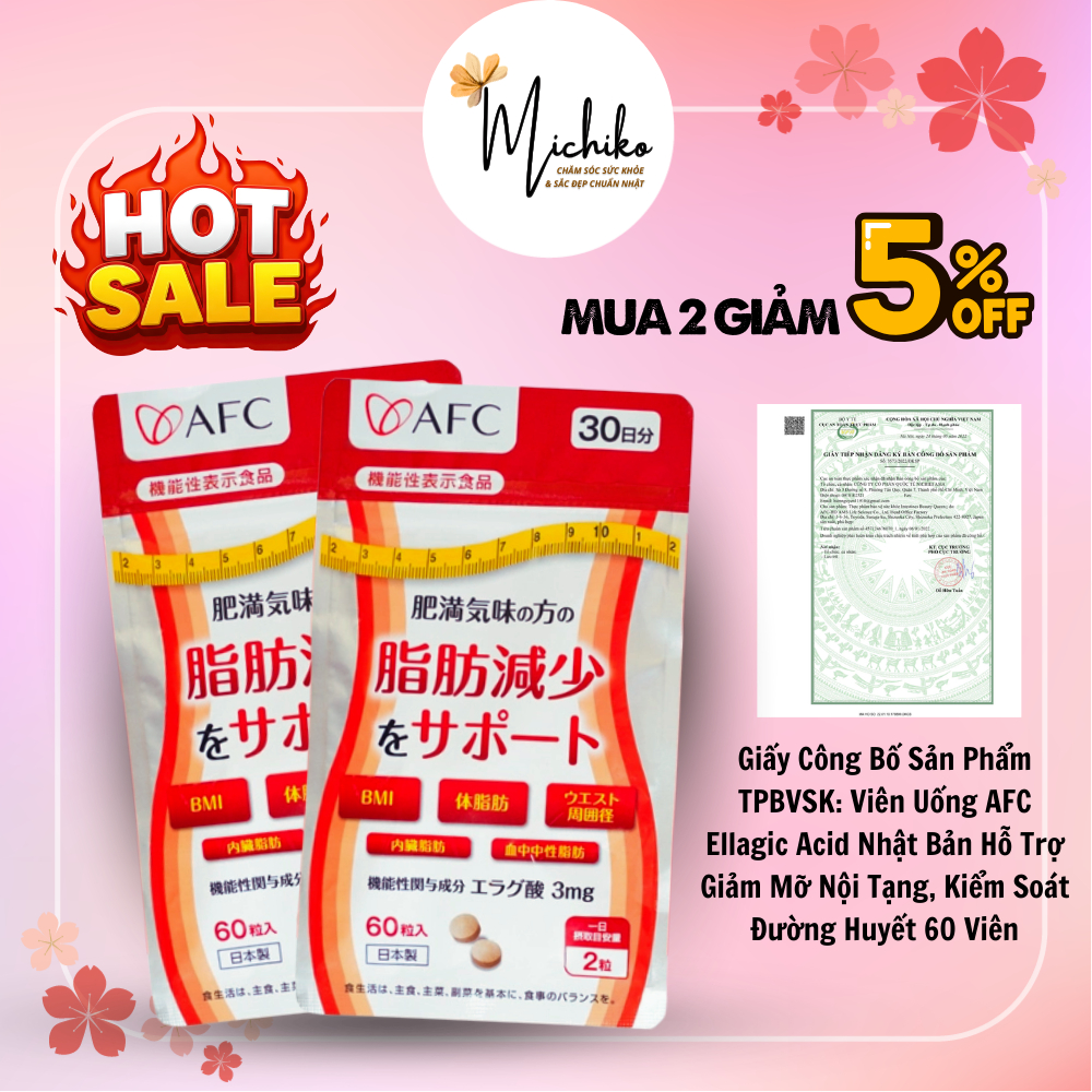 Combo 2 gói Hỗ Trợ Giảm Mỡ Nội Tạng, Mỡ Bụng, Kiểm Soát Đường Huyết AFC Ellagic Acid Nhật Bản