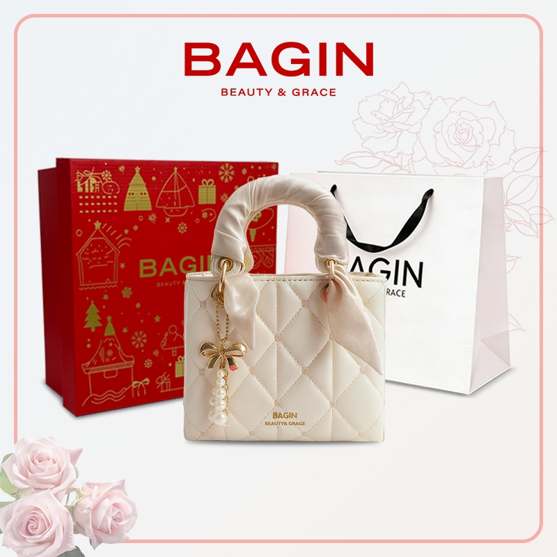 BAGIN （NEW）Túi Xách Nữ Bagin Dáng Vuông Da Trơn Bóng Tặng Kèm Khăn Lụa Móc Treo Ngày