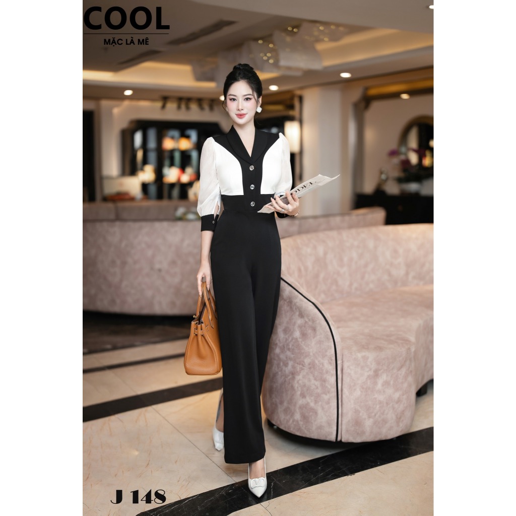 Jumpsuit Thiết Kế Dài J148 Phối Tay Tơ Gân Ánh Nhẹ, Đồ Bộ Liền Thân Vải Xước Lạnh Đứng Phom, Quần Su