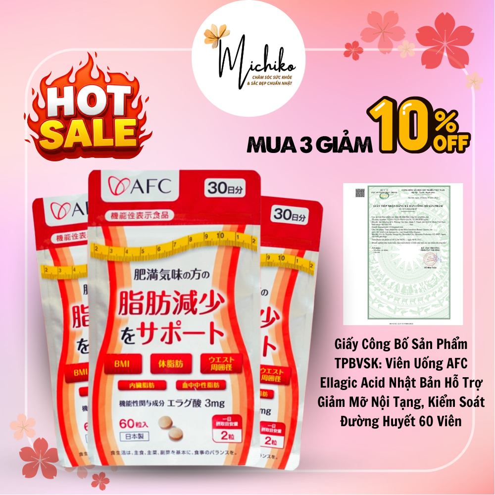 Combo 3 Gói Hỗ Trợ Giảm Mỡ Nội Tạng, Mỡ Bụng, Kiểm Soát Đường Huyết AFC Ellagic Acid Nhật Bản 60V