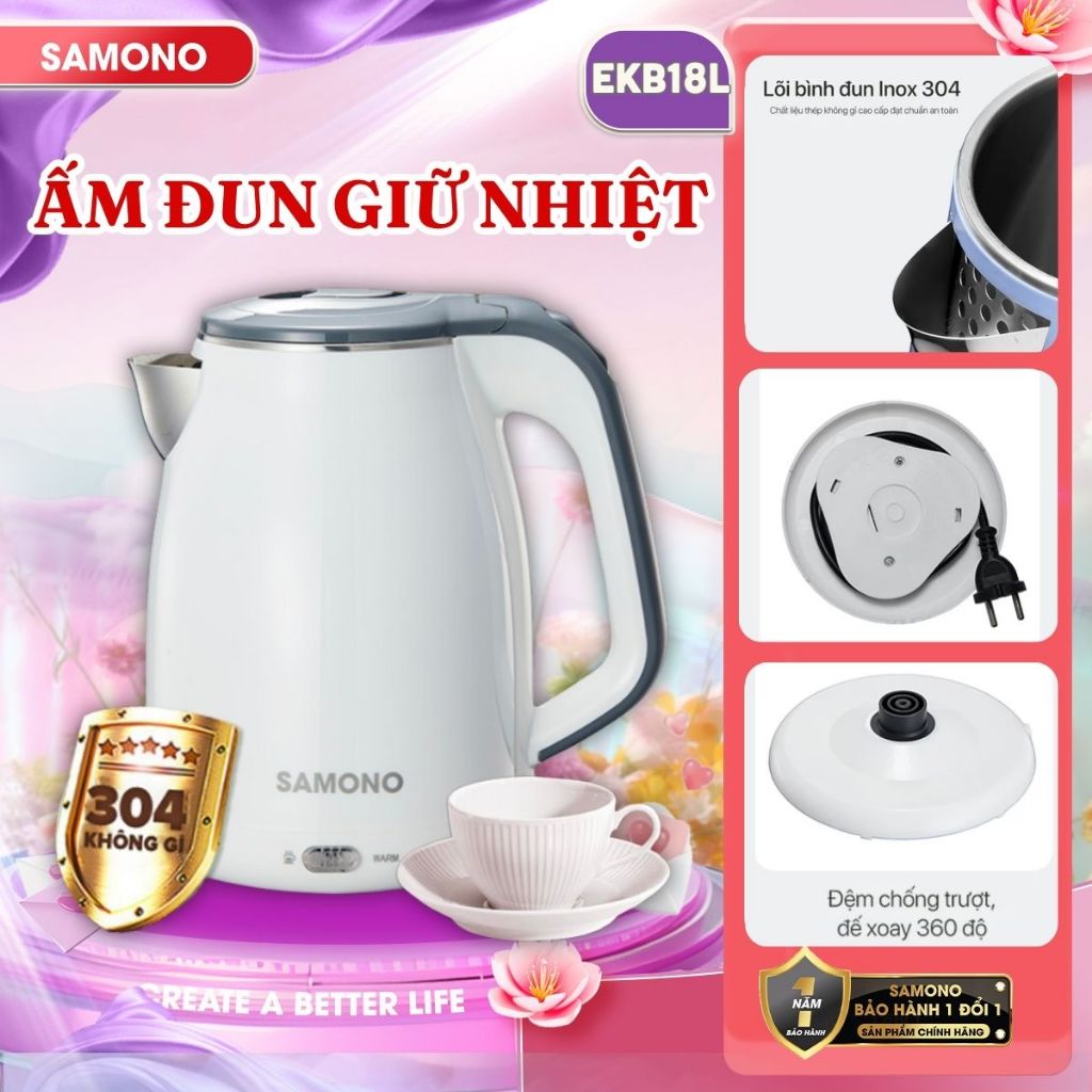 (BH 1 năm) Ấm đun nước siêu tốc giữ nhiệt Samono SW-EKB18L pha sữa, pha trà giữ ấm 55 độ, dung tích 1.8L, 1500W, inox304