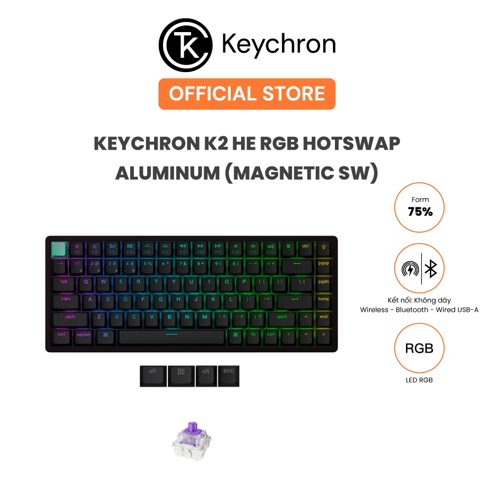 Bàn phím cơ không dây Keychron K2 HE RGB Hotswap Aluminum (Magnetic Sw) - Bảo hành 12 tháng