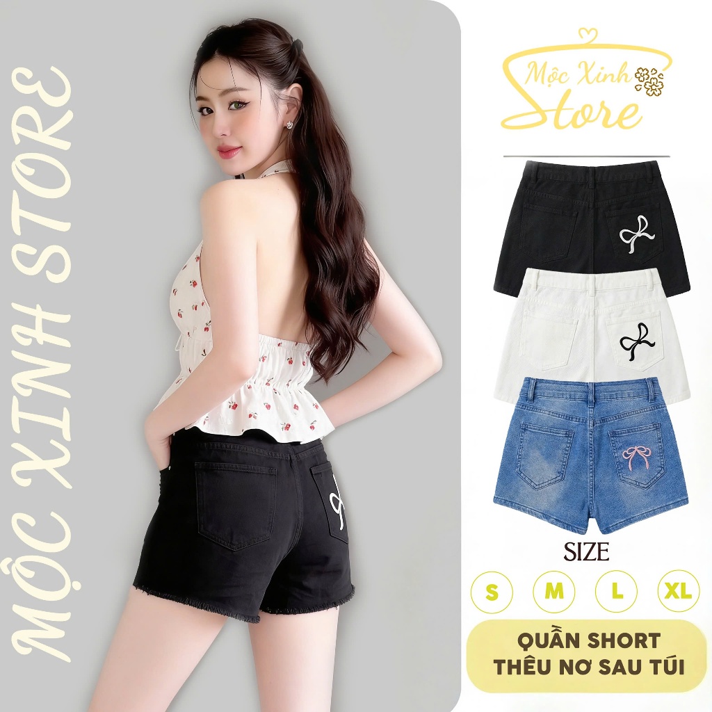 {MQ4} Quần Short Đùi Nữ Thêu Nơ Túi Sau Kaki/Jean Lưng Cao Hách Dáng - Mộc Xinh Store