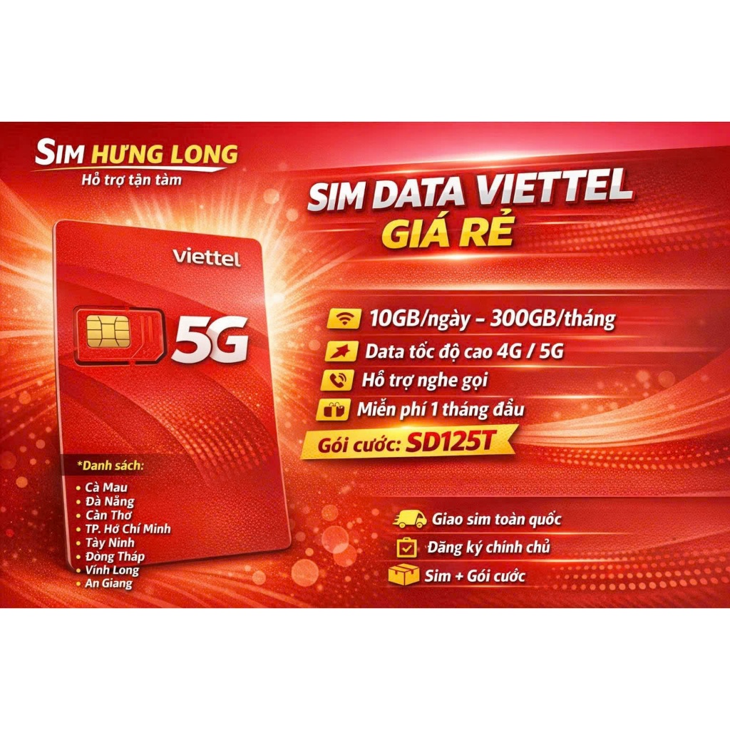 SIM 5G Viettel SD125T Data 10GB/Ngày ~ 300GB/Tháng (Free 3GB Toàn Quốc +7GB Tại 6 Tỉnh) SỬ DỤNG 1 TH