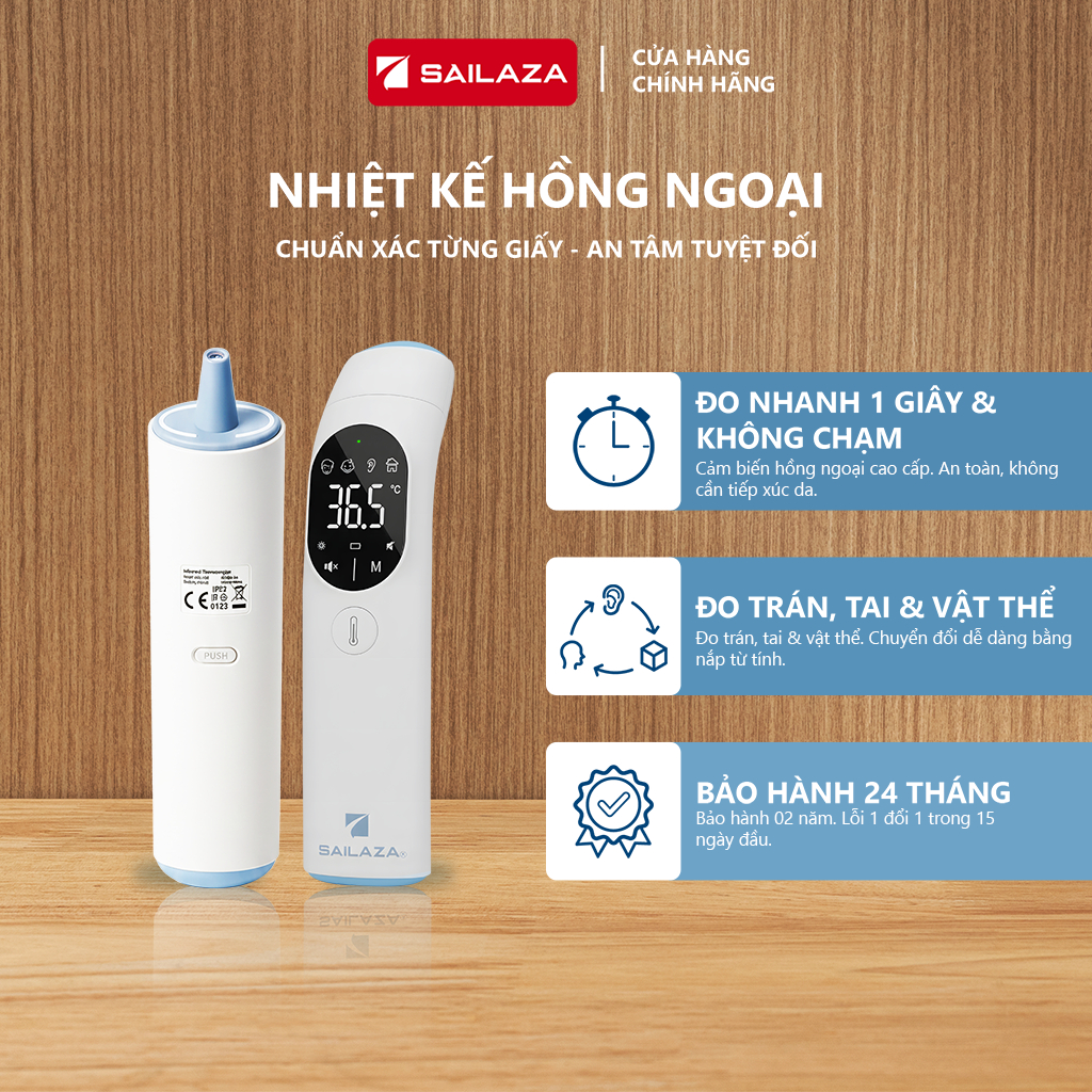 Nhiệt kế điện tử hồng ngoại 3 trong 1 cao cấp Sailaza 20F, bảo hành 24 tháng