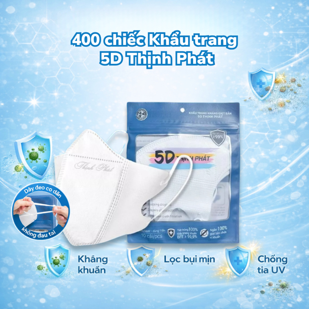 [400 chiếc] Khẩu Trang 5D Thịnh Phát, khẩu trang y tế chống tia UV, 3 lớp kháng khuẩn, quai mềm.