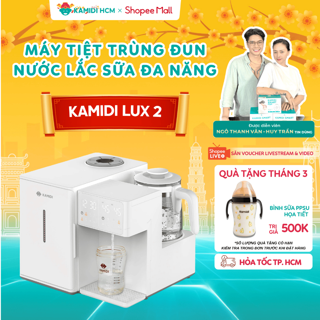 [MỚI] Máy Tiệt Trùng Bình Sữa UV Kamidi Lux 2 Tích Hợp Đun Nước Lắc Sữa Lấy Nước Tự Động