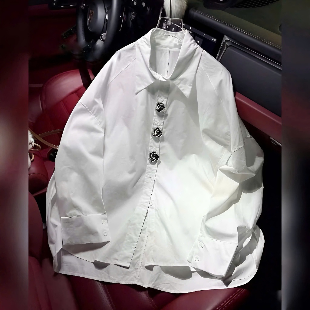 Áo Sơ Mi Form Dáng Rộng Phối Khuy Bạc Xoắn Chất Liệu Thô | BigBuy360 - bigbuy360.vn