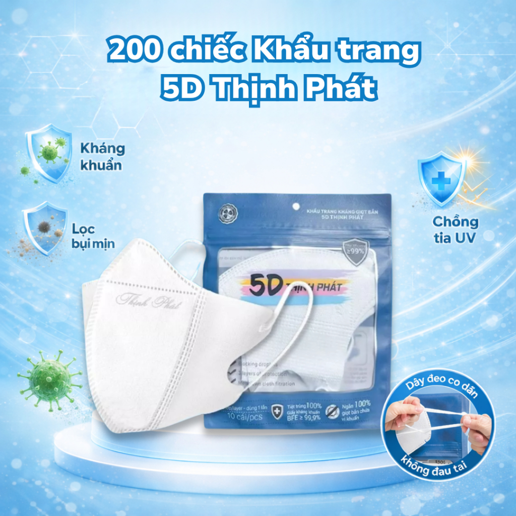 [200 chiếc] Khẩu trang 5D Thịnh Phát, khẩu trang y tế chống tia UV, 3 lớp kháng khuẩn, size to