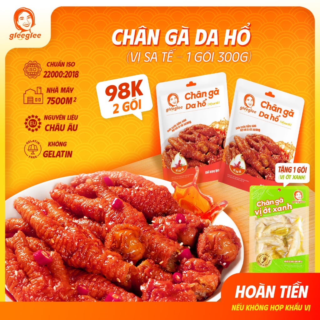 Chân Gà CÓ XƯƠNG GleeGlee DA HỔ VỊ SA TẾ 300g Cay Nồng Đậm Vị Chiên Trước Hầm Sau Ăn Liền Chuẩn ISO