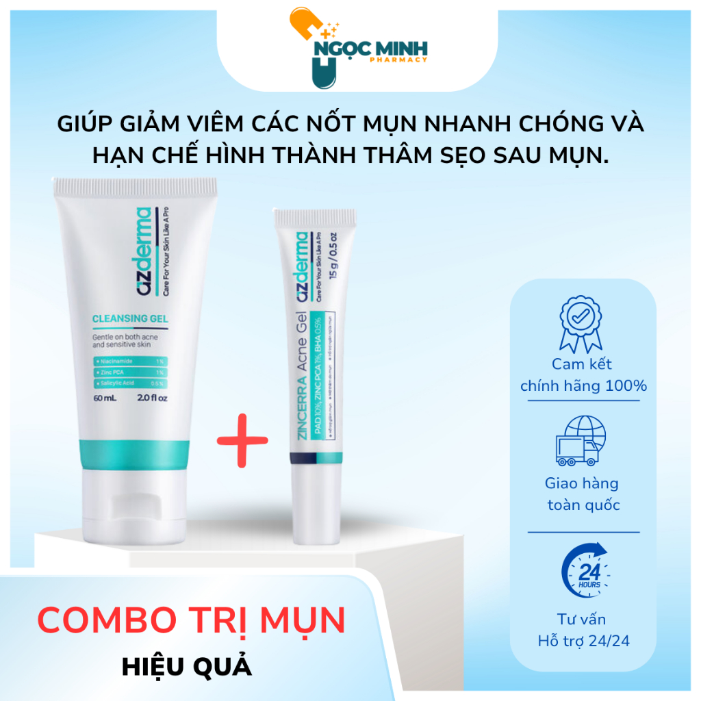 Combo Hỗ Trợ Giúp Giảm Mụn Sưng Viêm Azderma Zincerra Acne Gel 15g, Cleansing Gel Azderma 60ml
