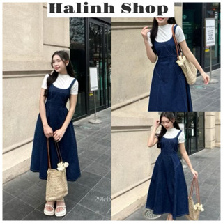 Set Váy Yếm Nữ Denim Kèm Áo - Halinh Shop - Yếm 2 Dây Bò Mềm Chun Sau Dáng Xoè Dài Kèm Áo Crt Cổ Cao Bozip