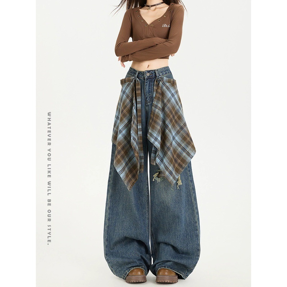 Quần Jeans Vintage Ống Rộng Nữ Cạp Cao Street Style