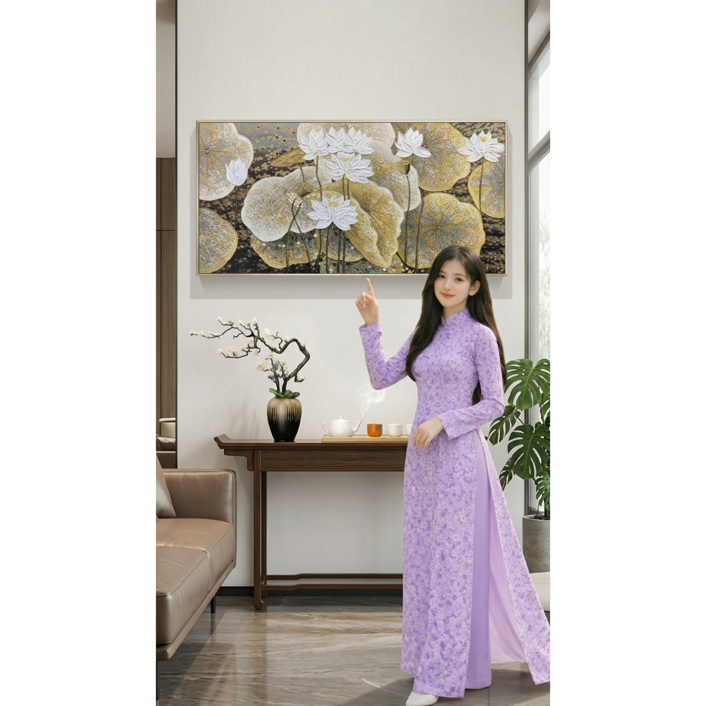 (Tranh To) Tranh in Canvas, Tráng Gương Hoa Sen Trắng Phong Cách Indochine (Đã có khung, móc, đinh t