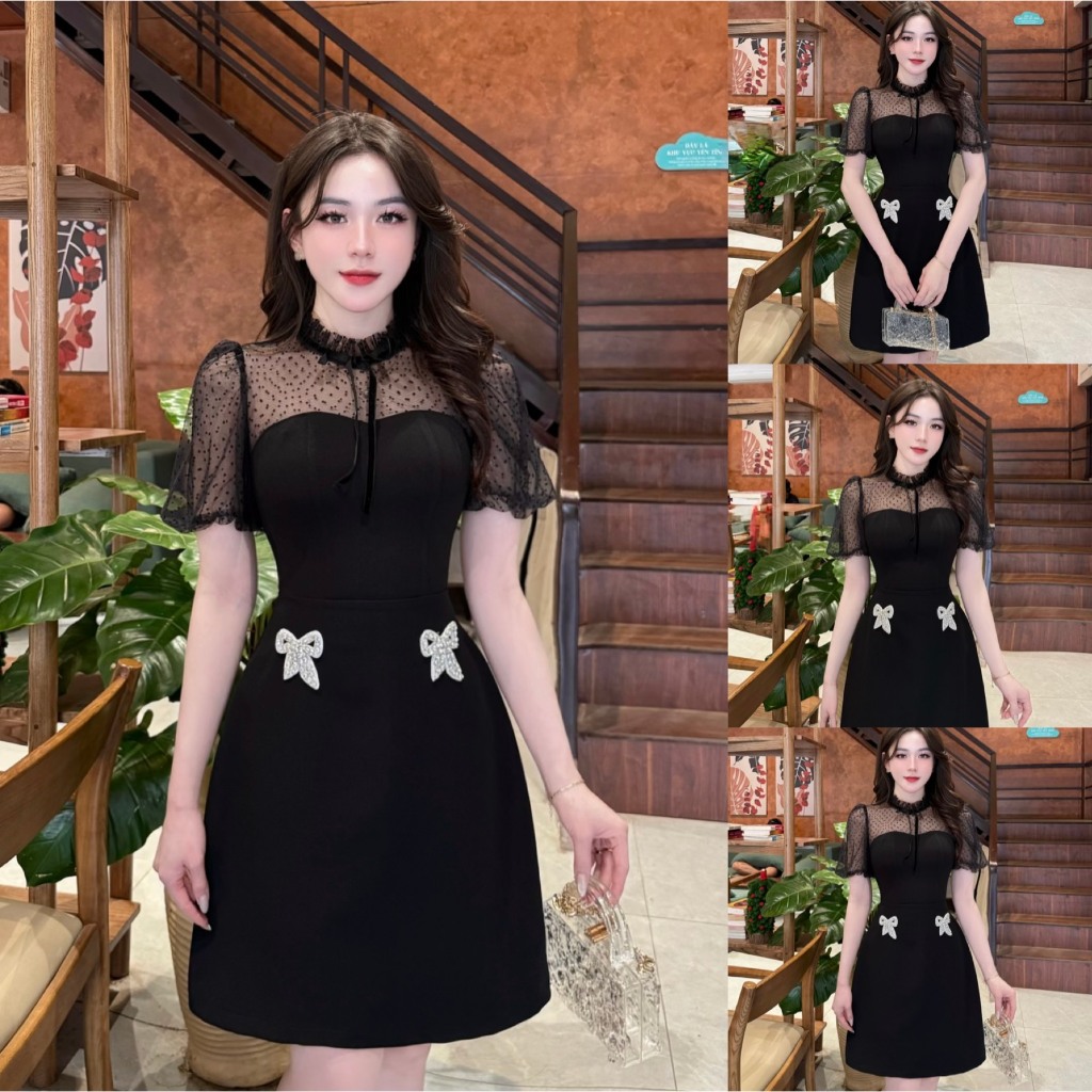 VK248 - Váy Thiết Kế Evii dành cho nữ, Đầm thiết kế cổ bèo phối lưới, nơ may liền dáng A ngắn