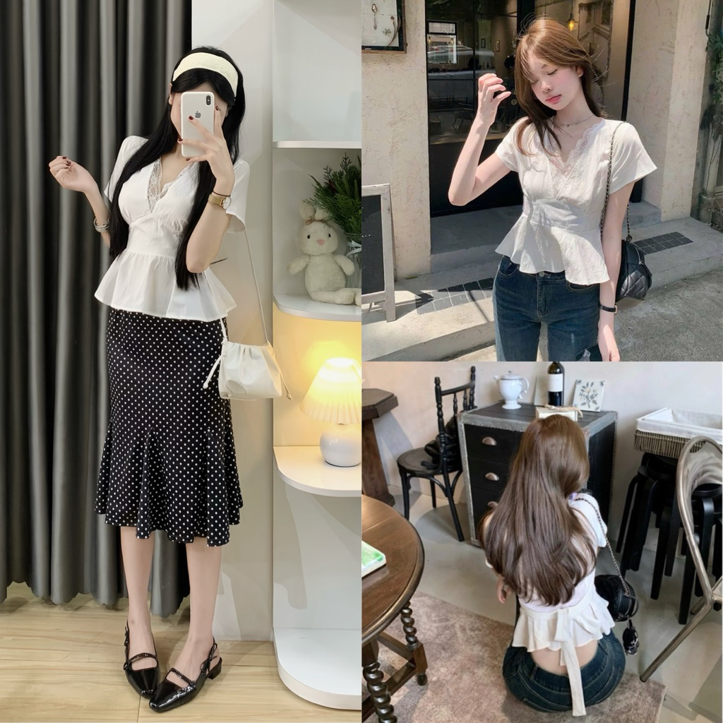 | Hta.boutique | Áo kiểu điệu đà cổ V viền ren tay ngắn dây buộc sau lưng Women Top Ren