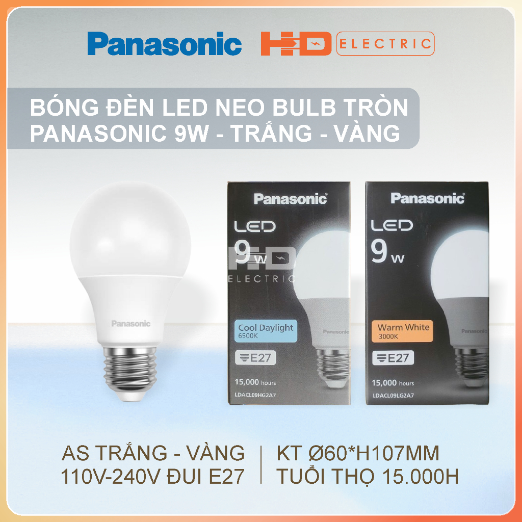 Bóng đèn LED Bulb PANASONIC 9W ánh sáng Trắng Vàng tuổi thọ 15.000h