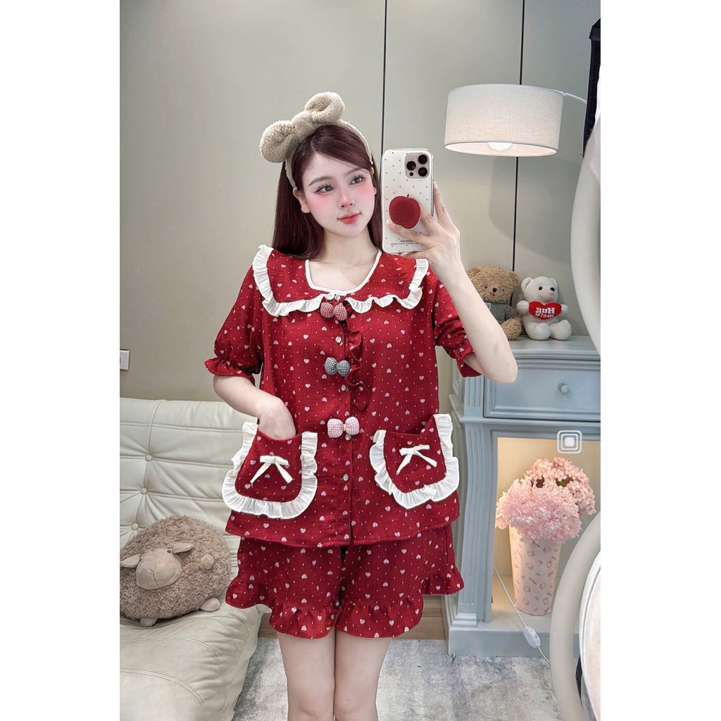 Bộ Mặc Nhà Cổ Sen viền bèo 3 nơ chất liệu Vân mây mới mềm đẹp dễ thương cho Nữ DD018 Sammy - Nữ | BigBuy360 - bigbuy360.vn
