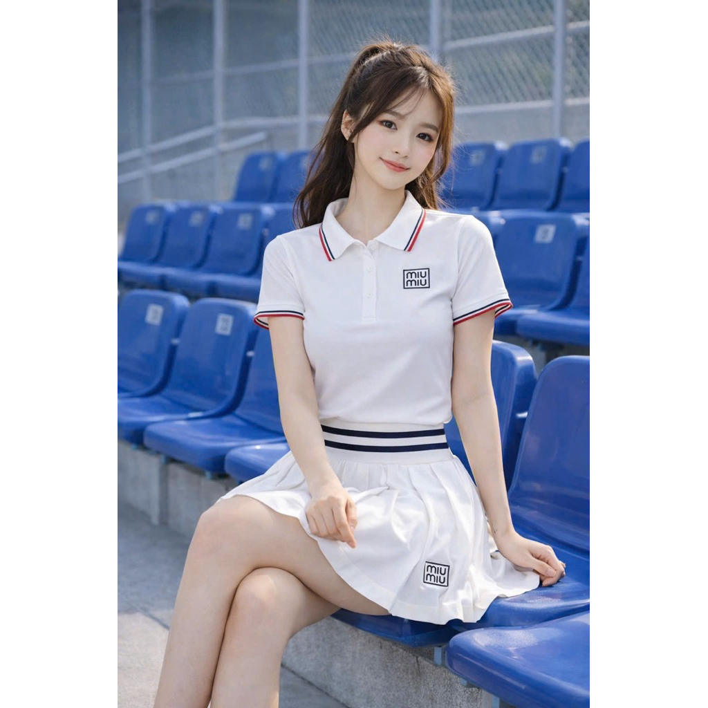 Set váy tennis nữ MiuMiu áo polo + chân váy xếp ly thể thao trẻ trung