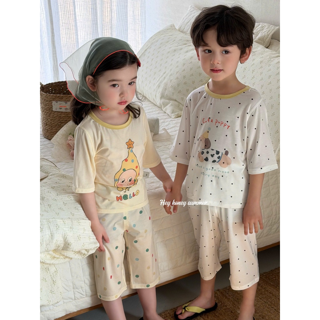 Bộ quần áo lửng HEY HONEY cho bé, bộ ngủ mặc nhà chuẩn HEY HONEY Quảng Châu chất Tencel kháng khuẩn 