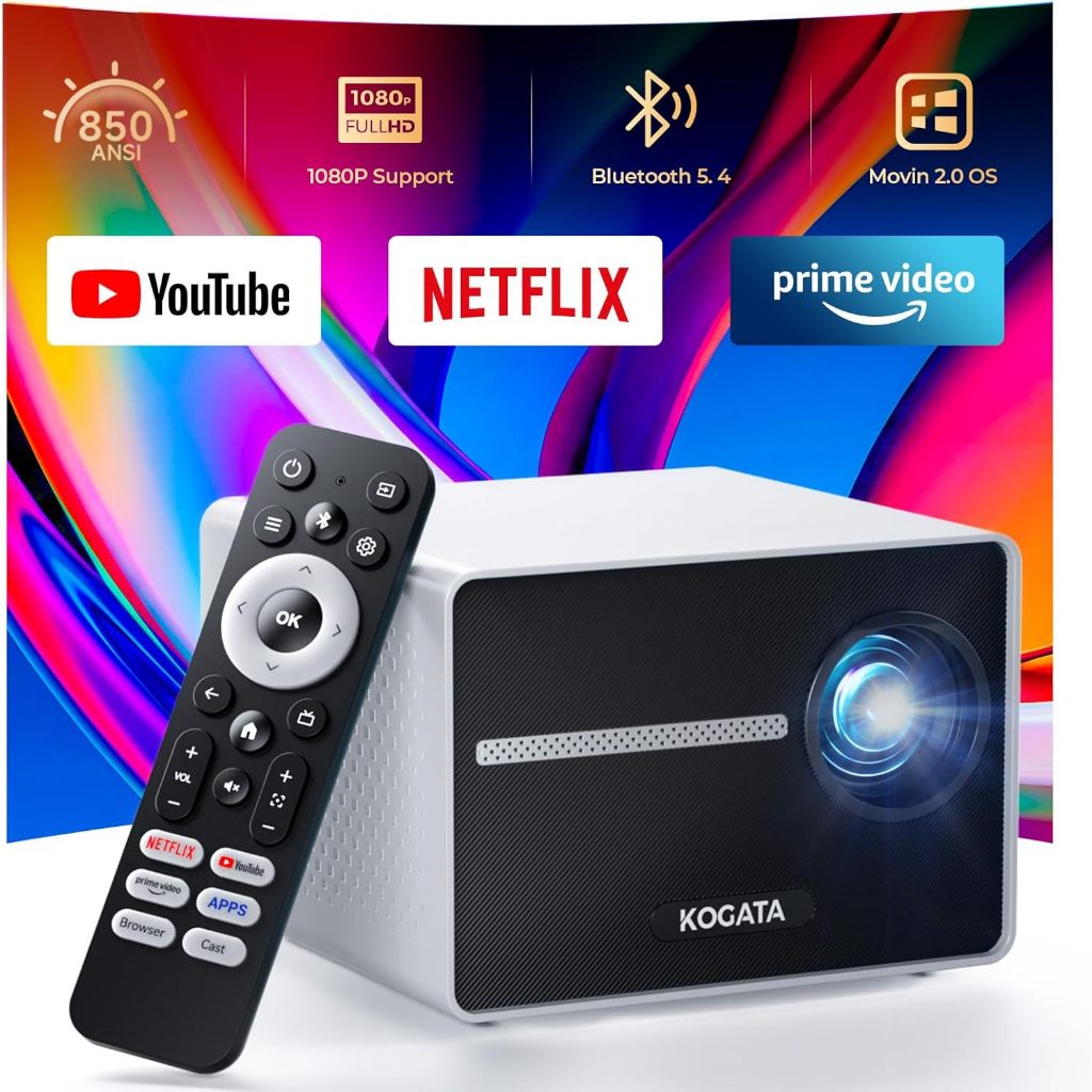 Máy chiếu mini thông minh với WiFi và Bluetooth, Kogata 4K Support 1080P HD portable movie projector