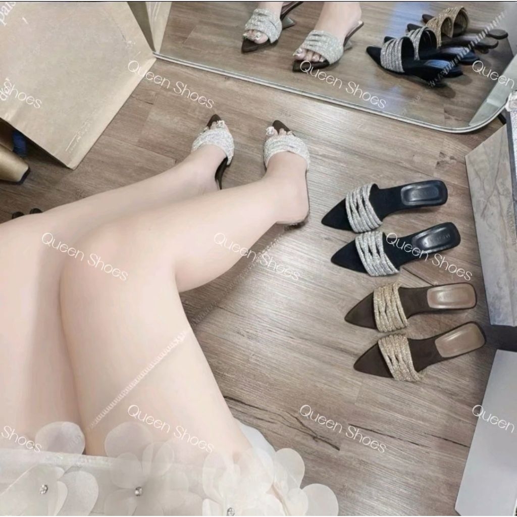Queen shoes - Guốc Nữ Mũi Nhọn, Gót Xuồng Cao 5 Cm, 7 Dây Đá Sáng Cao Cấp.