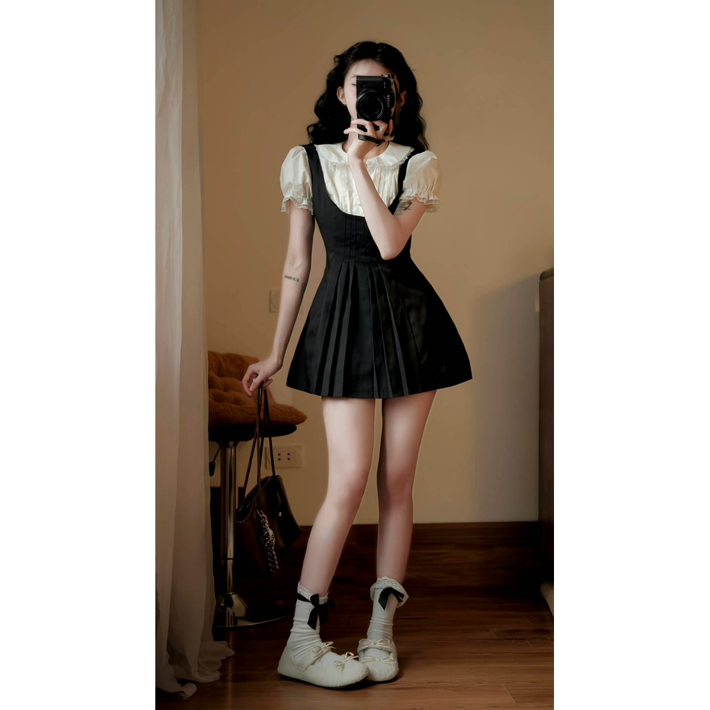 [TẶNG QUẦN BẢO HỘ] Váy yếm mix sơ mi may liền cổ ren tay bồng dáng ngắn tiểu thư dễ thương”Lucie Dress”-Dành Cho Nữ | BigBuy360 - bigbuy360.vn