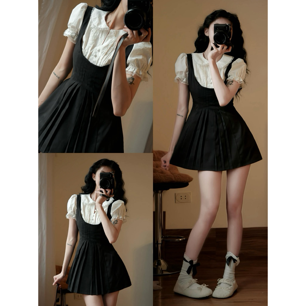 [TẶNG QUẦN BẢO HỘ] Váy yếm mix sơ mi may liền cổ ren tay bồng dáng ngắn tiểu thư dễ thương”Lucie Dress”-Dành Cho Nữ