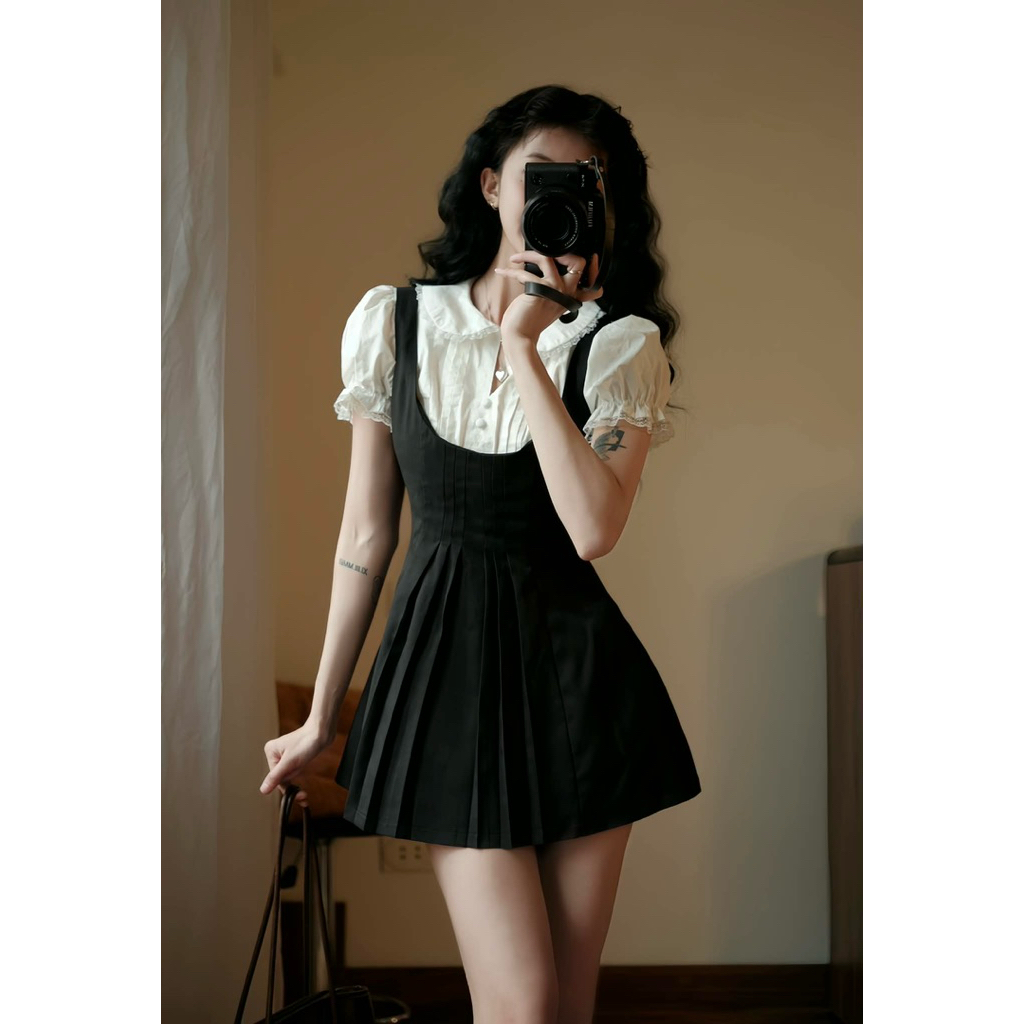 [TẶNG QUẦN BẢO HỘ] Váy yếm mix sơ mi may liền cổ ren tay bồng dáng ngắn tiểu thư dễ thương”Lucie Dress”-Dành Cho Nữ | BigBuy360 - bigbuy360.vn