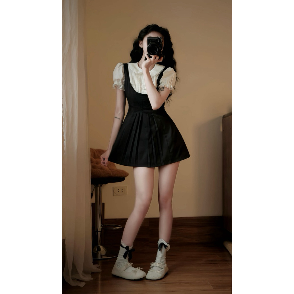 [TẶNG QUẦN BẢO HỘ] Váy yếm mix sơ mi may liền cổ ren tay bồng dáng ngắn tiểu thư dễ thương”Lucie Dress”-Dành Cho Nữ | BigBuy360 - bigbuy360.vn