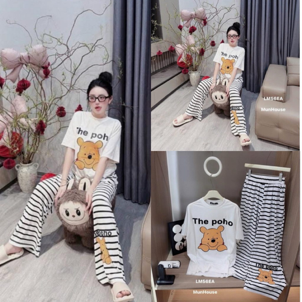 Set Bộ Nữ , Set Bộ Thun Cotton Hình Gấu Vàng