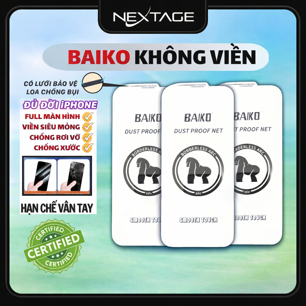 [COMBO ƯU ĐÃI] Kính Cường Lực iPhone Baiko Không Viền Full Màn Hình Cho iPhone 16 17 ProMax 17 Air 1