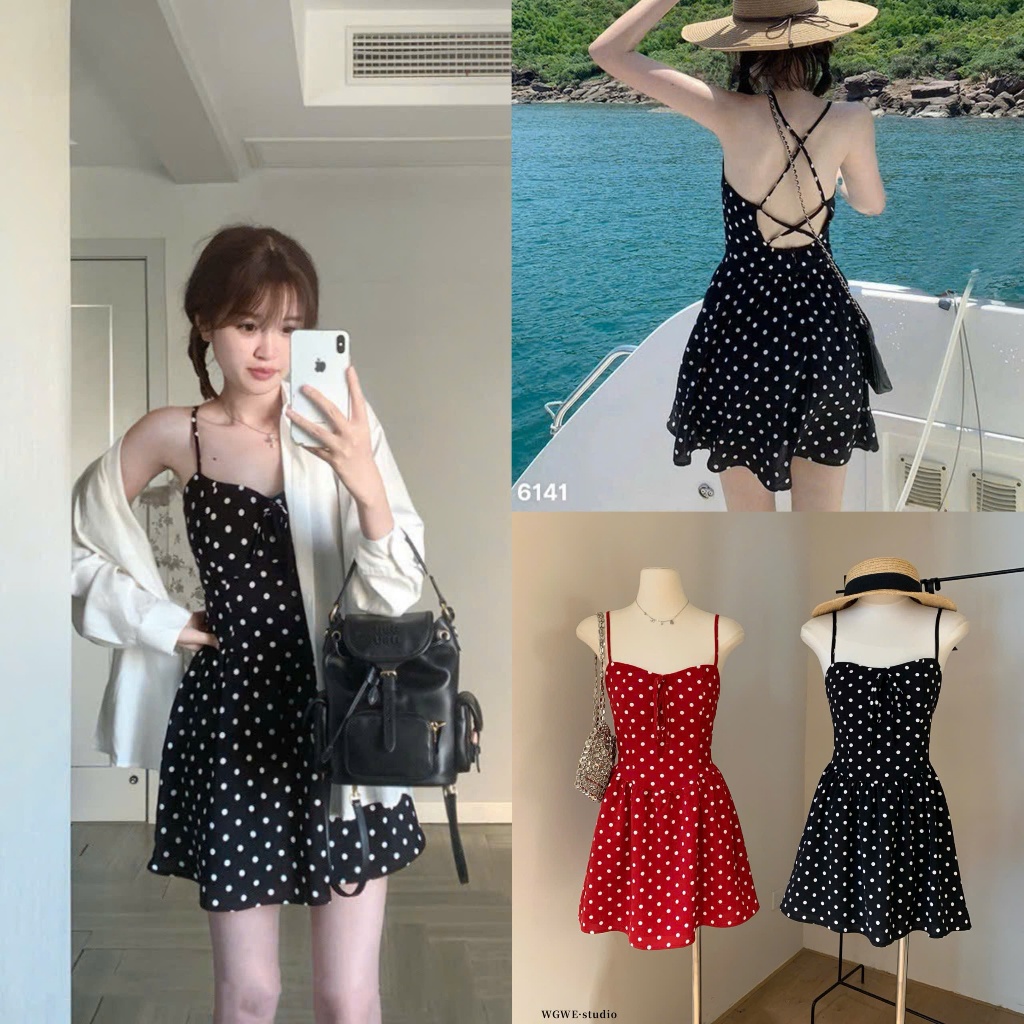 METWO. - Váy 2 dây ngắn xoè chấm bi thiết kế đan dây hở lưng WG.WE chiết eo nơ ngực QC 2 lớp ulzzang tiểu thư HQ #6141 | BigBuy360 - bigbuy360.vn