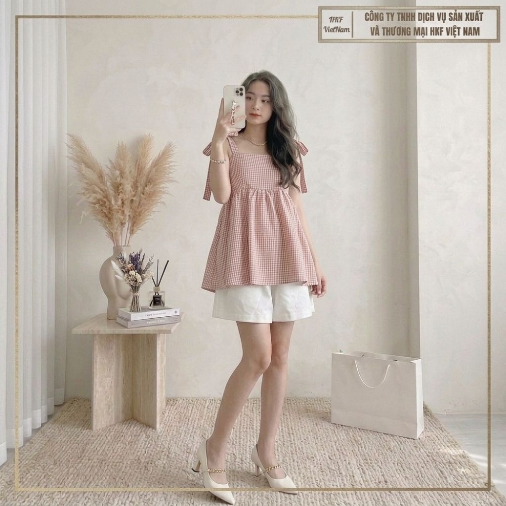 (HKF VIỆT NAM) BỘ ĐŨI NỮ STT06 ÁO BABYDOLL CARO + QUẦN SHORT TRẺ TRUNG