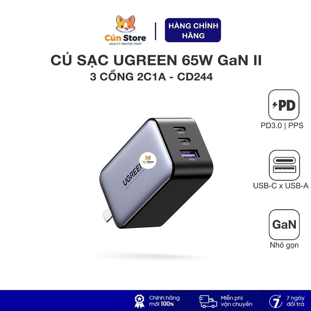 Củ sạc nhanh Ugreen 65W Nexode GaN II CD244 – 3 cổng 2C1A, hỗ trợ PD, PPS cho IP, Sam | BH 12 tháng