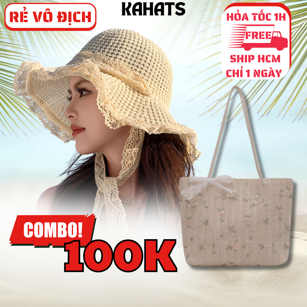 Set Mũ Đi Biển Vành Ren Xinh Xắn + Túi Cói Đi Biển Họa Tiết Hoa Lá COMBO RẺ VÔ ĐỊCH KAHATS