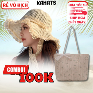 Set Mũ Đi Biển Vành Ren Xinh Xắn + Túi Cói Đi Biển Họa Tiết Hoa Lá COMBO RẺ VÔ ĐỊCH KAHATS