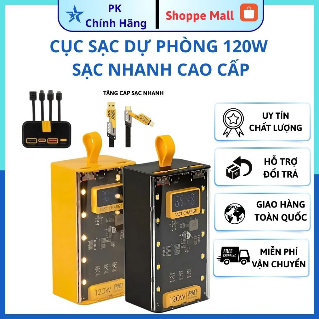 Sạc dự phòng 50000MAH - Sạc Nhanh PD22.5W - Tích Hợp 4 Dây Sạc - Đèn Led Chiếu Sáng