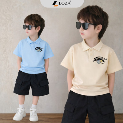 Đồ bộ bé trai mùa hè gồm áo polo và quần đùi in chữ SPORT chất liệu thun cotton Loza BU598