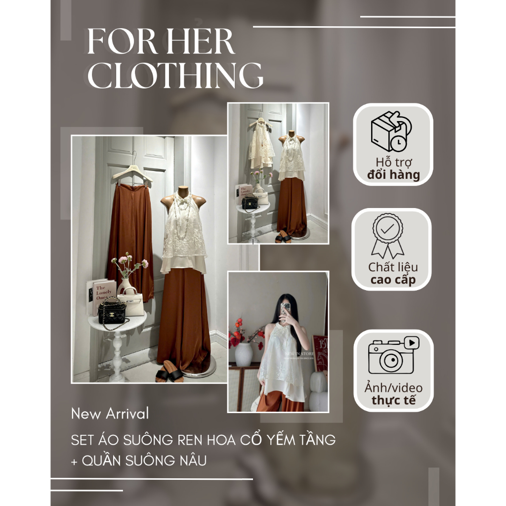 Áo suông hoa cổ yếm tầng FOR HER CLOTHING kèm quần suông dài màu nâu