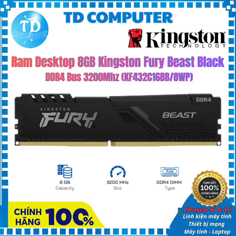 Ram Desktop 8GB Kingston Fury Beast Black DDR4 Bus 3200Mhz (KF432C16BB/8WP) - Chính hãng Viết Sơn ph