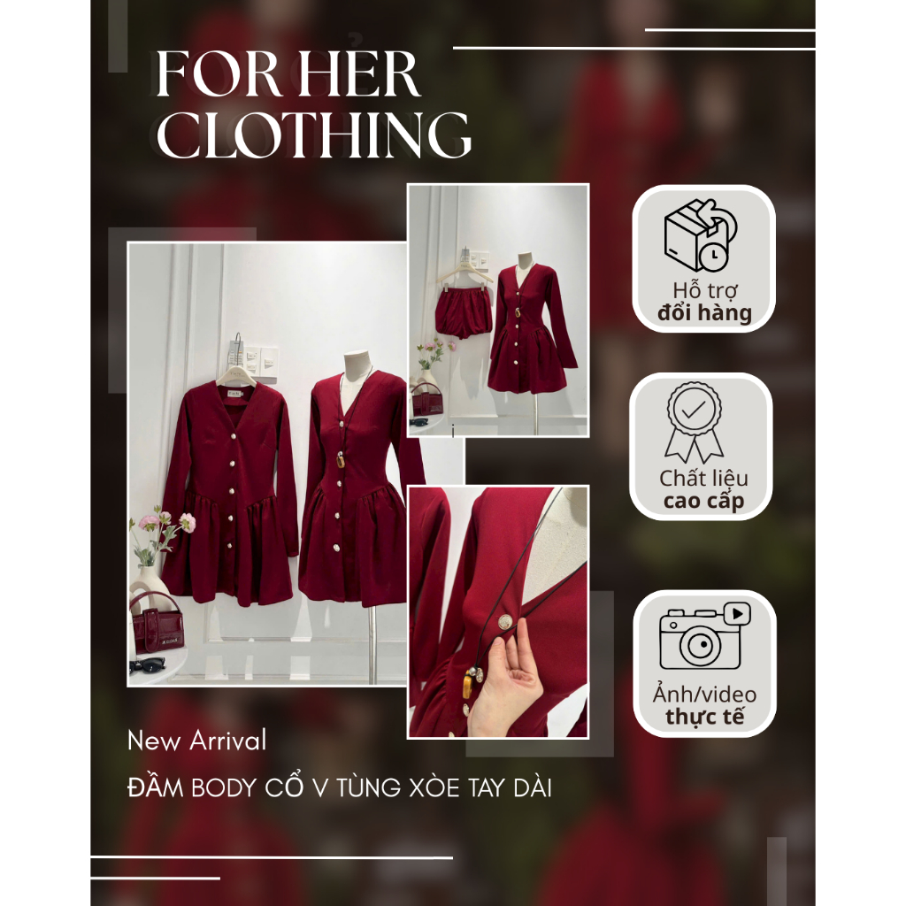 Đầm body cổ v tùng xoè tay dài FOR HER CLOTHING