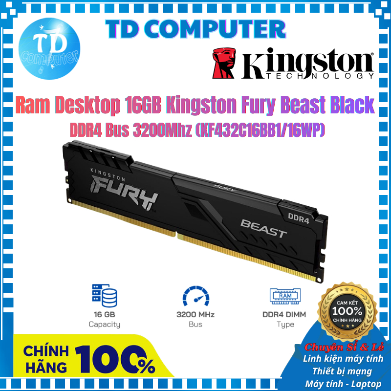 Ram Desktop 16GB Kingston Fury Beast Black DDR4 Bus 3200Mhz (KF432C16BB1/16WP) - Chính hãng Viết Sơn